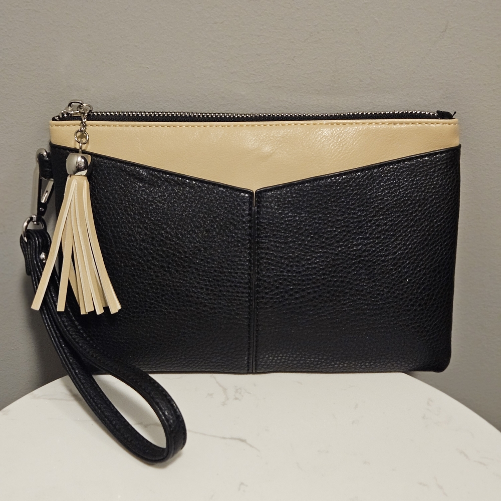 Charming Charlie Black and Cream Wristlet Clutch Wallet With Tassle Accent